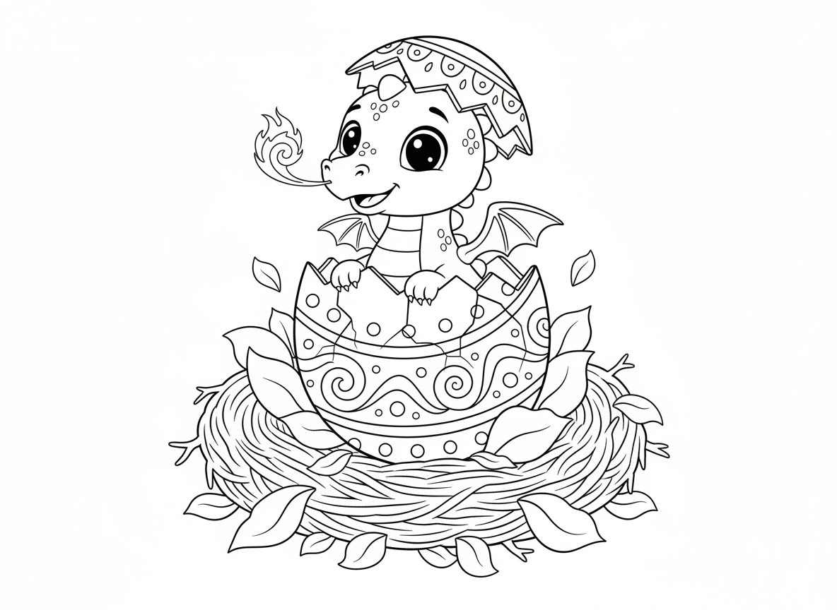 דרקון תינוק בוקע מביצה - דרקון תינוק חמוד פורץ מביצה גדולה מעוטרת, סדקים בקליפה, כנפיים קטנות בולטות, עיניים עגולות גדולות, להבה קטנה מהאף, עלי כותרת סביב הקן