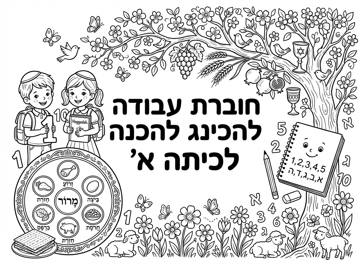 ‏אני צריכה דף שר לחוברת עבודה שאני מביאה לילדים לפסח בנושא שלשלמוכנות לכיתה א׳ אז אני רוצה שתעשה לי דף יפה דף שער שבעצם יהיה דף כפריחה לחוברת הזו וכאילו יש שם כל מיני אירועים גם מספרים אבל גם דברים שקשורים לפסח וזה יהיה מכובד כזה מאוד יפה ויהיה כתוב באמצע חוברת עבודה להכין לך