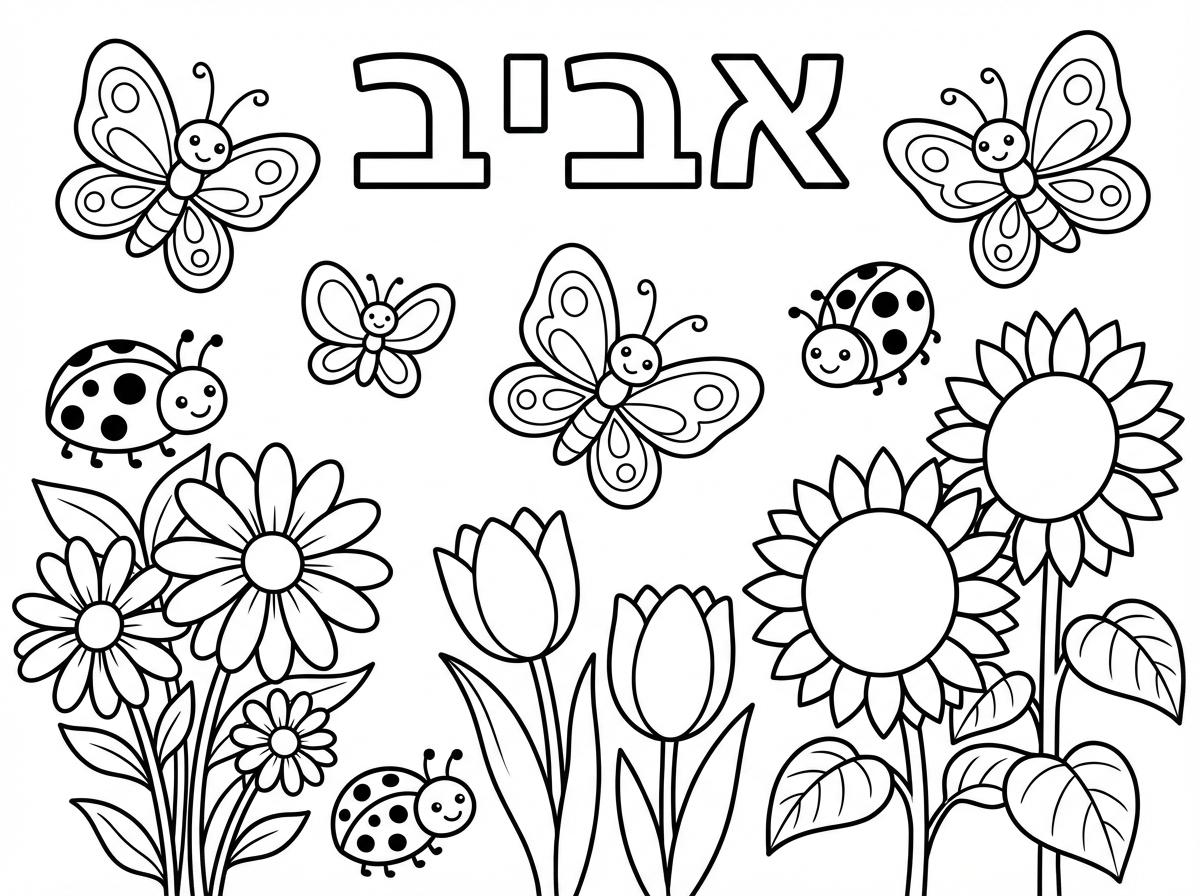 צוק דף צביעה שלמעלה כתוב " אביב" באותיות חלולות.וגם פרפרים,חיפשיות ופרחים בקוים נקיים לצביעה לילדי גן גילאי 4