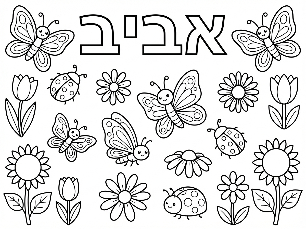 צוק דף צביעה שלמעלה כתוב " אביב" באותיות חלולות.וגם פרפרים,חיפשיות ופרחים בקוים נקיים לצביעה לילדי גן גילאי 4