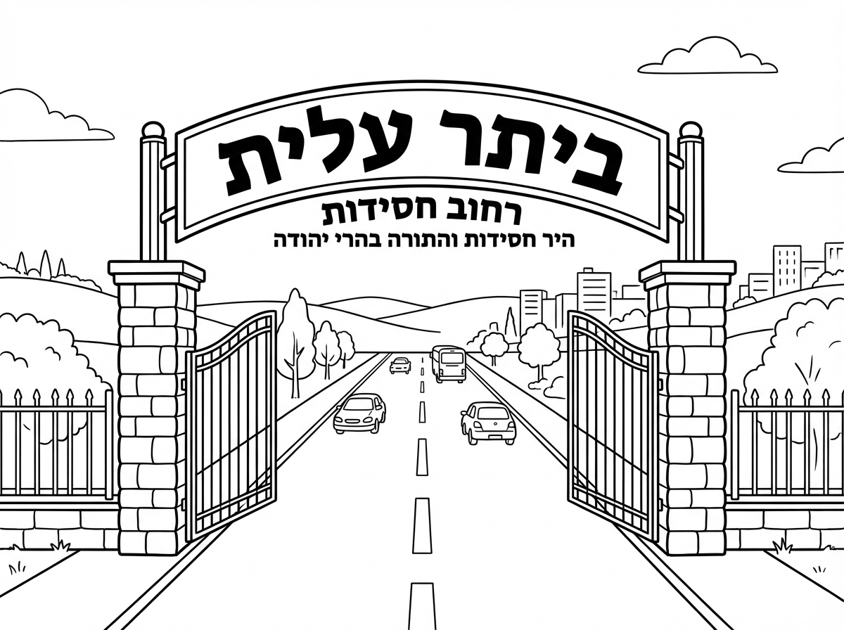 ומה שאני רוצה שתצייר לי את הכניסה לעיר, שכתוב ביתר עלית, רחוב חסידות והיר חסידות והתורה בהרי יהודה.