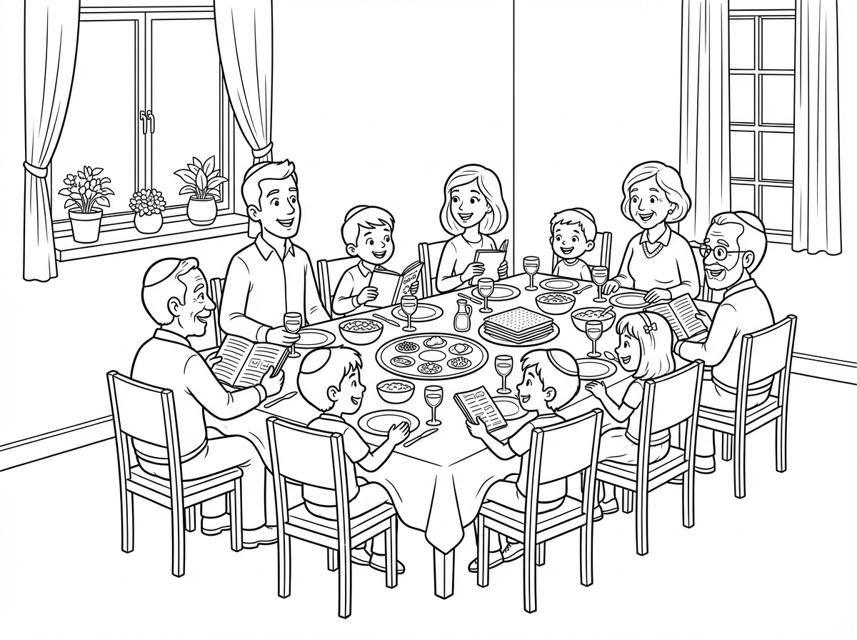 משפחה שמחה וחגיגית יושבת סביב שולחן חג הפסח, ליל הסדר . שולחן ערוך בבית יפה ונקי