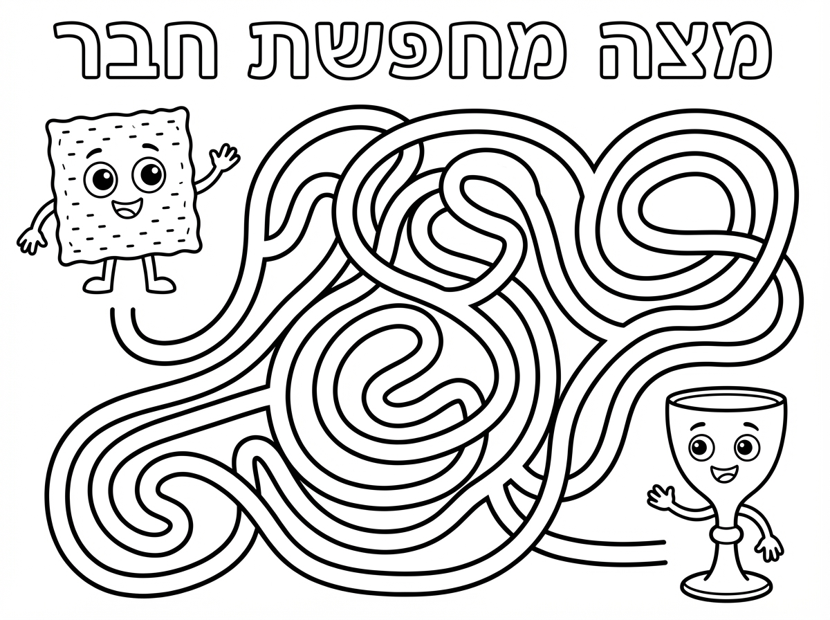 תעשה לי על בסגנון של הדמויות שבציור הזה דף עבודה עם מבוך פשוט לגיל צעיר, הרוחב של הדרכים במבוך עבה. המצה בצד אחד של המבוך והגביע בצד השני. כותרת בואתיות חלולות: מצה מחפשת חבר