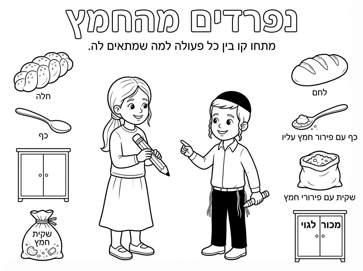 מושלם !!!! 

האם אפשר שתקצר לילד את הפיאות ? שהם יהיו ממש קצרות. 

ותשנה את הסדר של האיורים בטורים 

חלה 
כף
ארון 
שקית חמץ 

ובטור השני 
תשאיר אותו דבר כמו שעשית