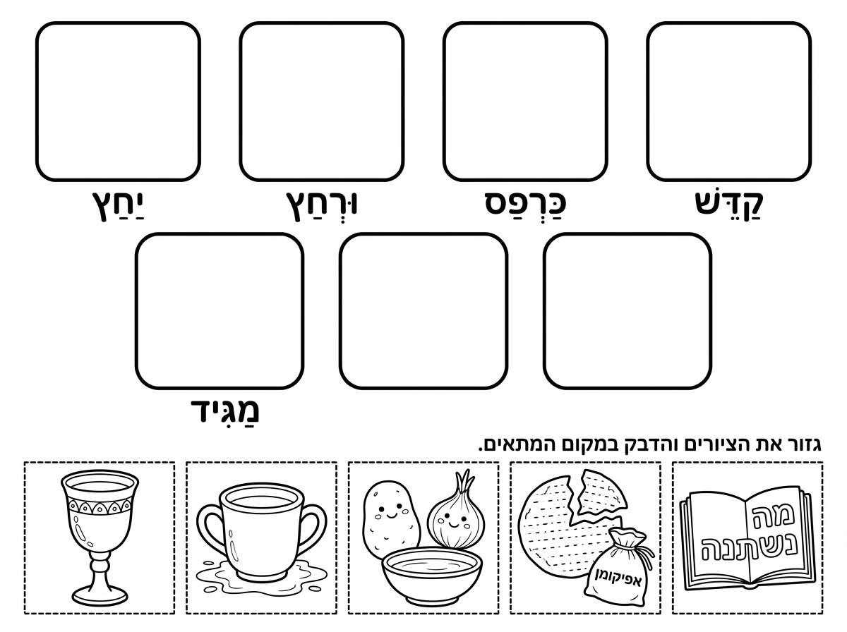 מעולה. צריך כמה שינויים:
1. ליד השקית עם האפיקומן- מצה עגולה במקום המרובעת
2. תוריד את הציור של ההגדה סגורה.
3. תשאיר את ההגדה פתוחה במה נשתנה.
4. את הגביע לקידוש שיהיה בלי רגל
5. מעל 5 הציורים יהיה כתוב:
6. גזור את הציורים והדבק במקום המתאים.
7. המילים של קדש ורחץ כרפס יחץ מגיד
צריכים להיות לפי סדר מצד ימין קדש ולידו ורחץ
מתחתיו כרפס ועל ידו יחץ
ולמטה מגיד