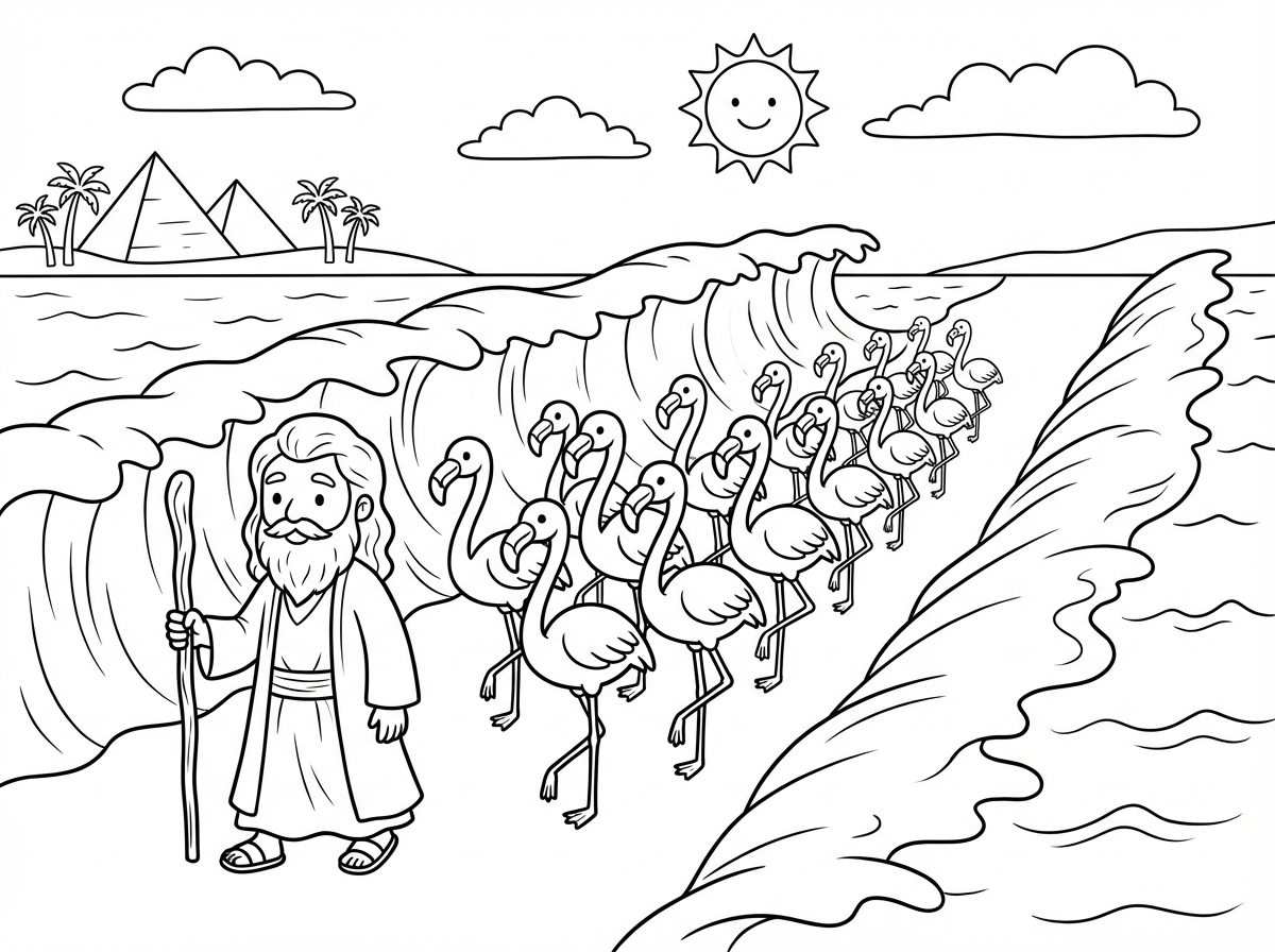 תיצור לי דף צביעה של להקת פלמינגו שיוצאת ממצרים, הם חוצים את ים סוף יחד עם משה רבנו