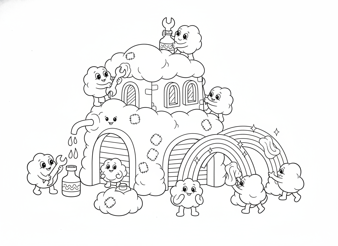 מוסך לעננים
מכונאים קטנים מתקנים עננים עם מפתחות ברגים, ממלאים גשם בבקבוקים ומבריקים קשתות.