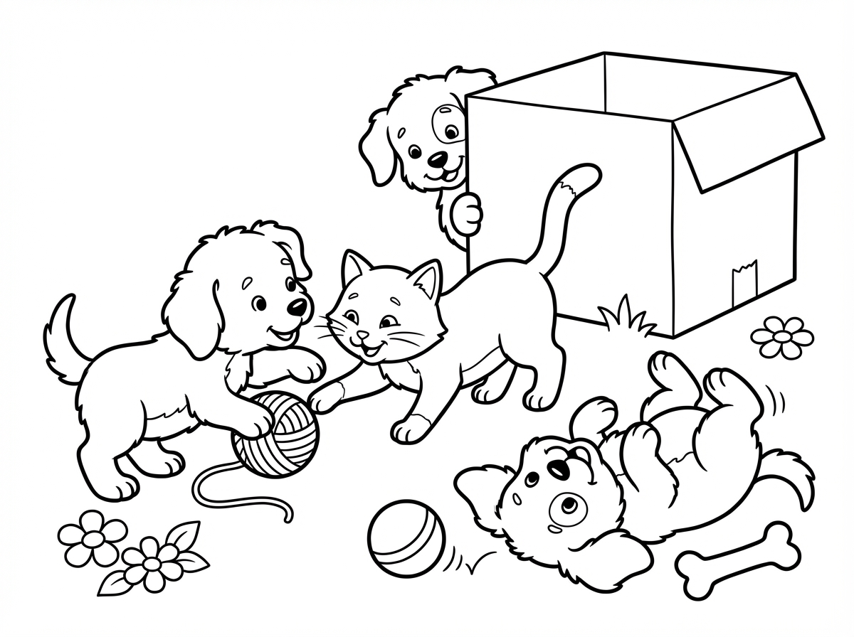 כלבלבים משחקים עם חתולה