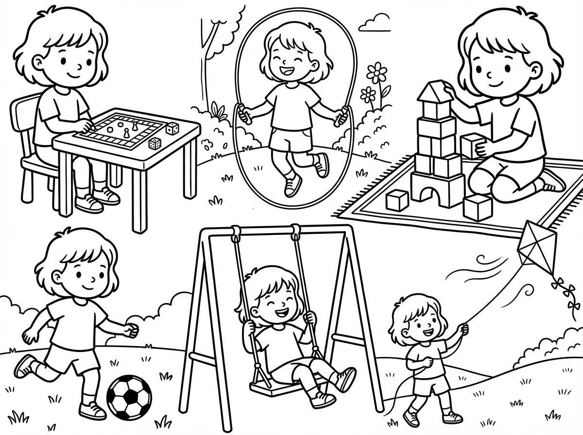 דף צביעה של משחקים כשילד אחד משחק בהם