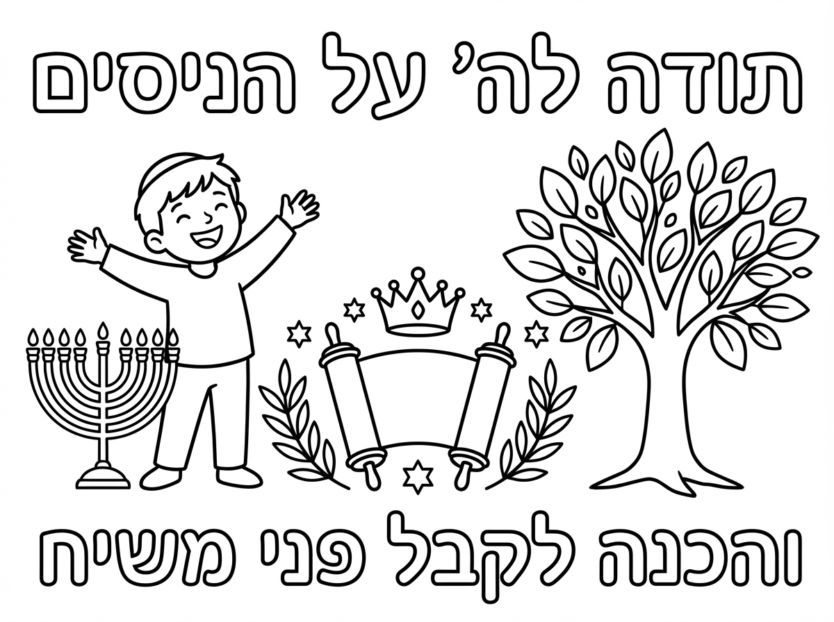 תכין לי דף צביעה לילדים דתיים  גודל אי חמש 
ובו יש תודה לה' על הניסים
והכנה לקבל פני משיח