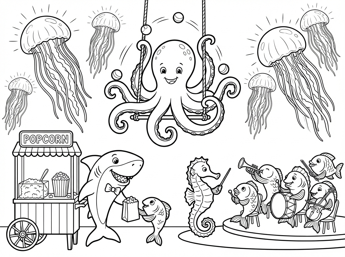 תמנון לוליין, כריש שמוכר פופקורן, סוסון ים שמנצח על תזמורת, ומדוזות שהן בלוני תאורה.