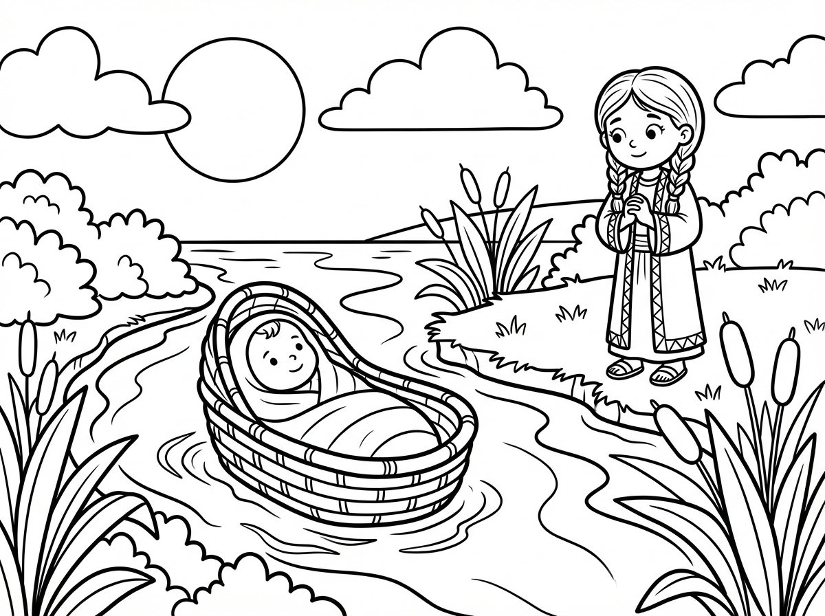 תיצור לי ציור של משה בתיבה ביאור עם שיחים ומרים הנביאה עומדת בצד