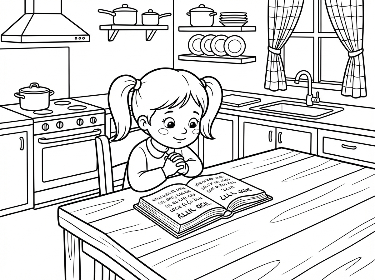 תיצור לי ילדה חמודה שיושבת ליד שולחן גדול ומתפללת מתוך סידור והיא מסתכלת על הסידור ומאחוריה יש מטבח