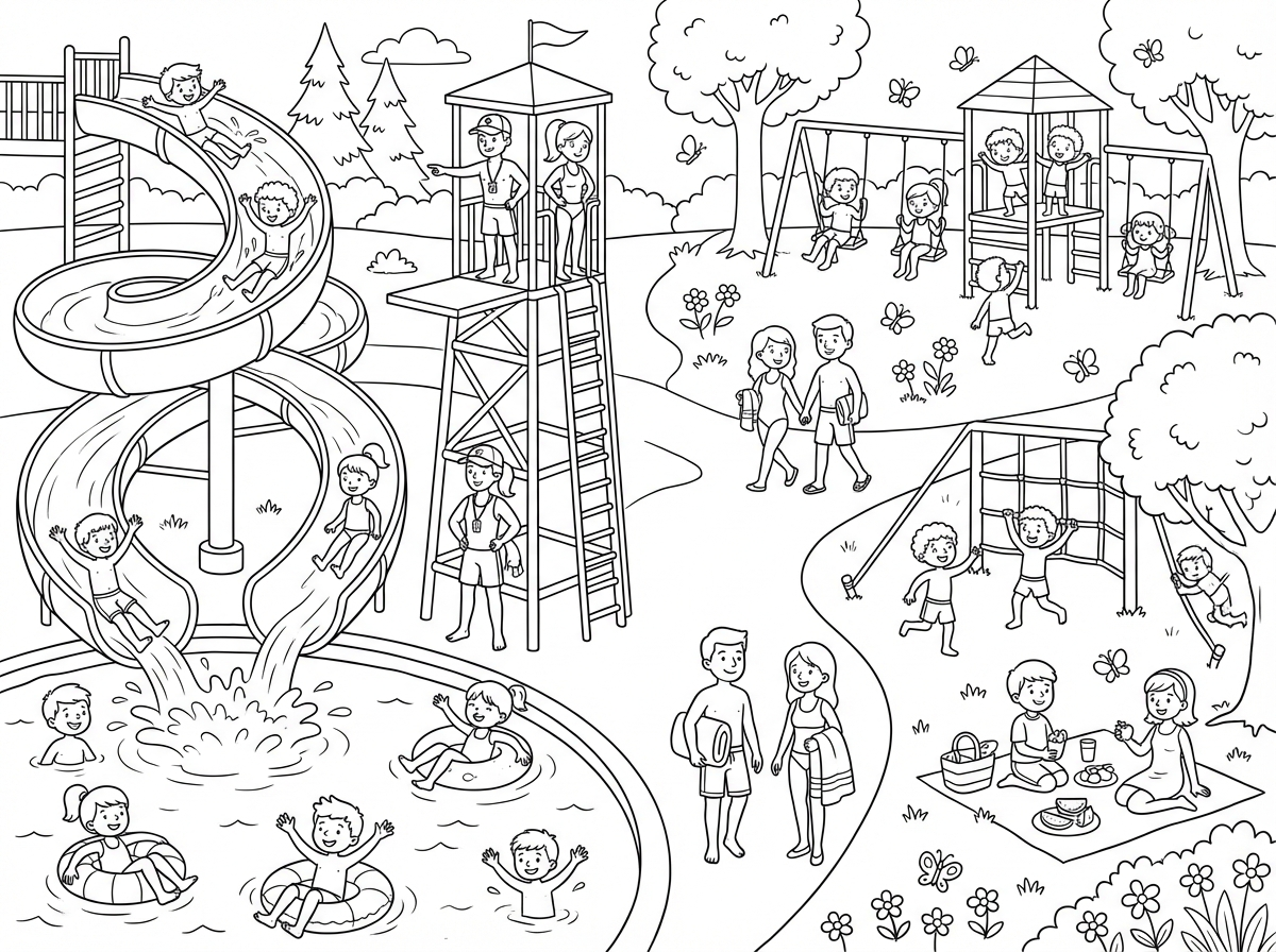 אני רוצה תמונה של פארק מים עם אנשים, וגם יבש וגם מים, שיש אנשים שמתגלשים לתוך המים. עם עצים ופרפרים ו ובלי ים צנועים. ו ואנשים עם גלגלי ים. ויש מציל ומצילות. ויש גם מגדל מציל, שיש שמה הרבה מצילים.