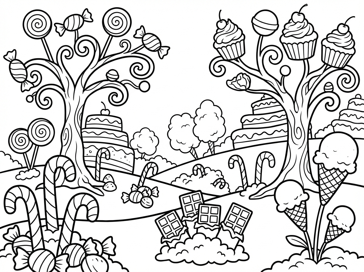 תכין לנו דף צביעה של ממתקים צומחים על העצים, סוכריות על מקל, סוכריות, שוקולדים, עוגה עם קצפת, גלידות, צומחים על העצים והממתקים גם צומחים על השדות. כל הדף מלא ממתקים שצומחים על השדה ועל העצים.