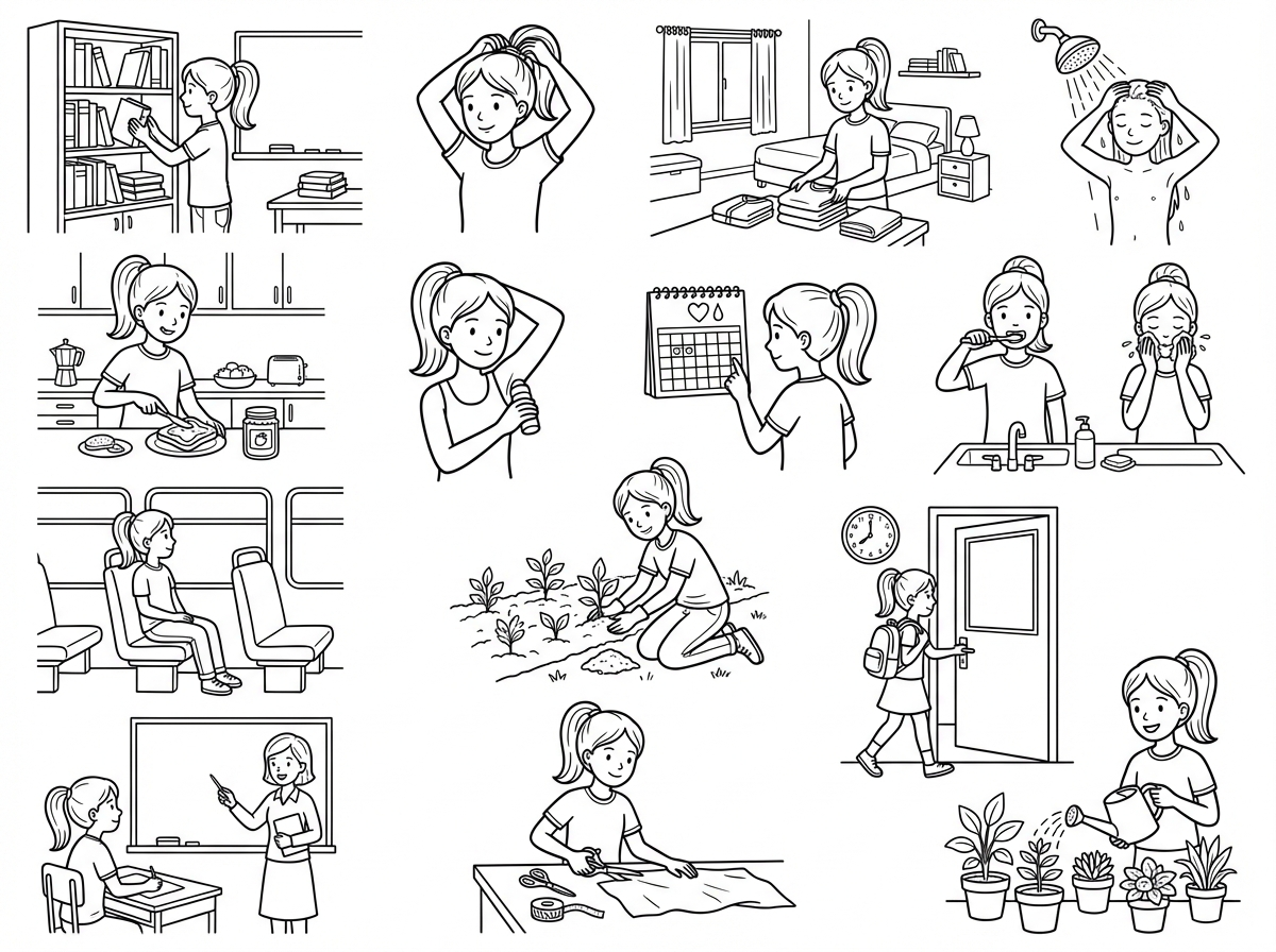 זה מצוין רק אני צריכה שהדמות תהיה של נערה בכל התחומים:
התארגנות בכיתה
לעשות קוקו
לסדר את החדר
להתקלח לבד
להכין כריך
לשים דאודורנט
יומן לחישוב ימי המחזור
לצחצח שיניים ולשטוף פנים
נסיעה באוטובוס
עבודה בגן
הגעה בזמן לכיתה
הקשבה למורה
גזירת בד במתפרה
להשקות עציצים