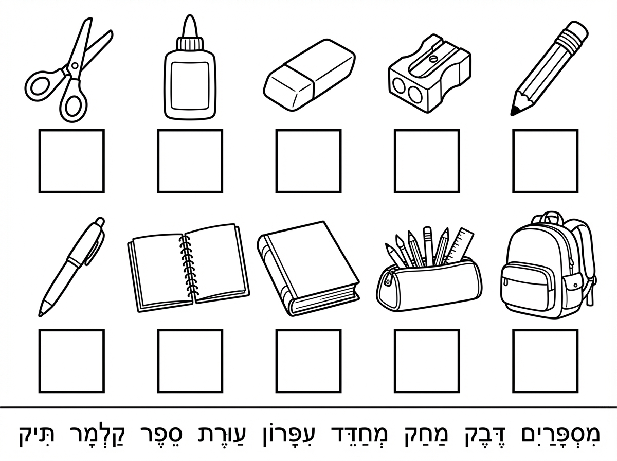 תיצור לי בבקשה דף עבודה לכיתה 
עם כלי הכתיבה הבאים: מספריים דבק מחק מחדד עיפרון עט מחברת ספר קלמר ותיק 
צייר לי ציור לכל אחד מהחפצים
שים למטה תרמילים עם המילים מנוקדות
השאר מתחת לכל ציור ריבוע רק שלשם יכתבו את המילה