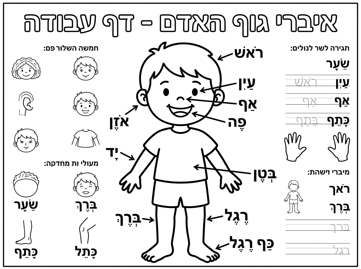צור לי דף עבודה מסודר על אברי הגוף לתלמידים עולים