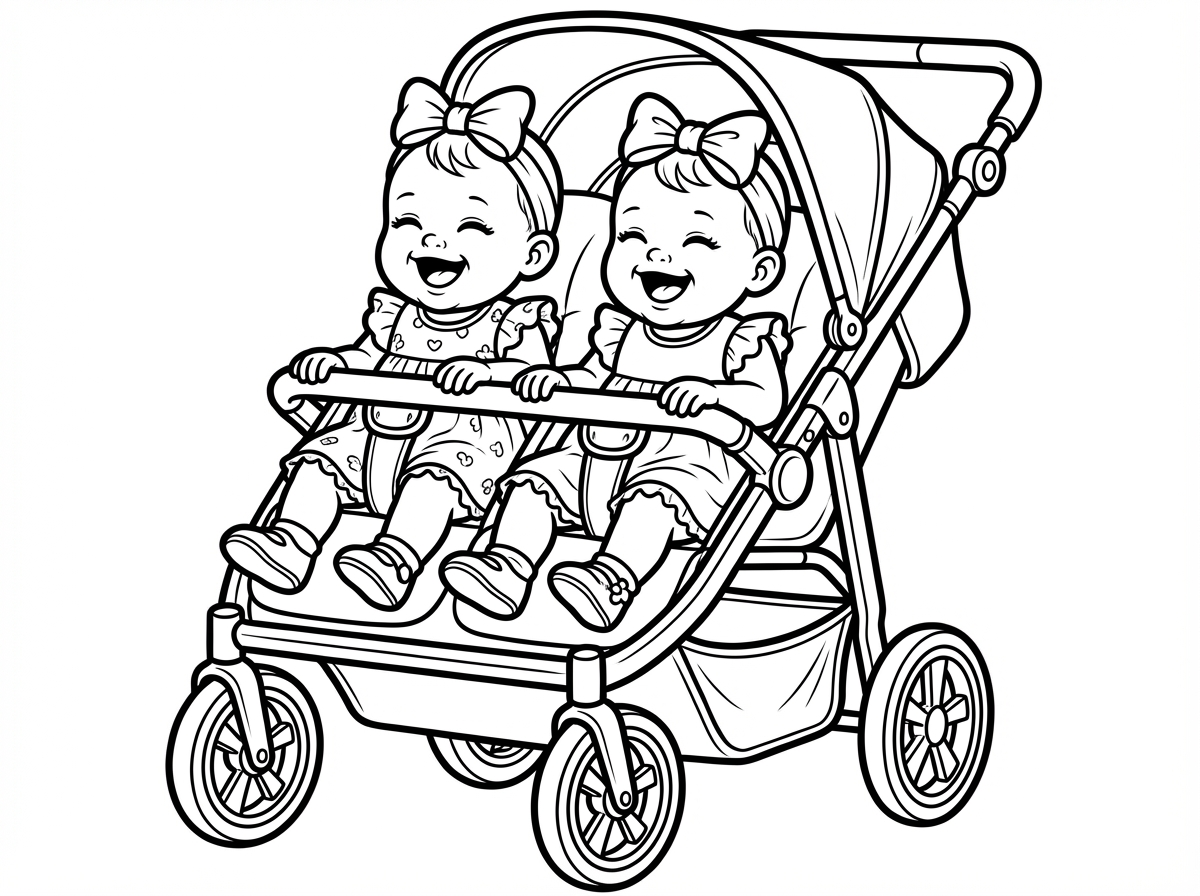 אני רוצה תמונה של תאומות תינוקות עם סרט על השיער בתוך עגלה והם צוחקות ויש להם נעליים קטנות ובגד יפה מאוד