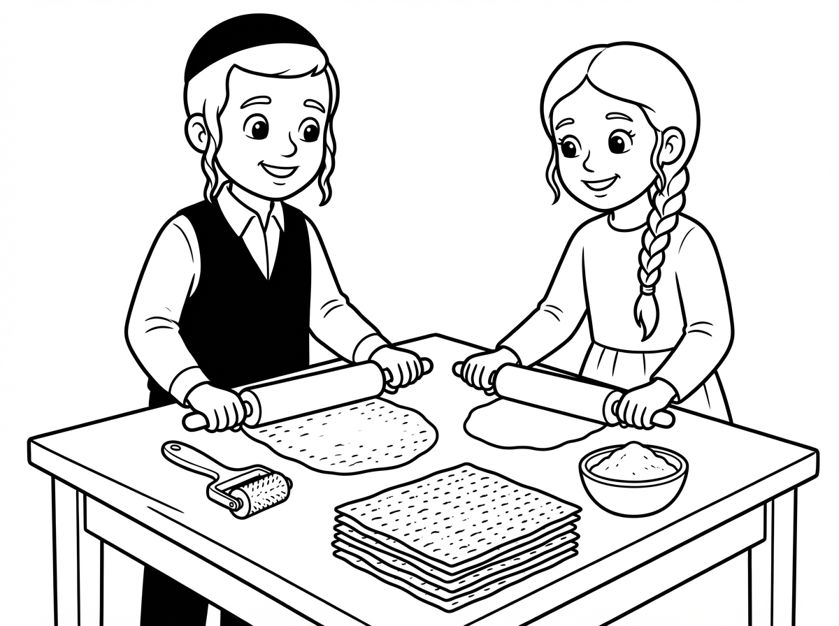 תוכל להכין לי דף צביעה של ילד וילדה מהמגזר החרדי שמכינים מצות