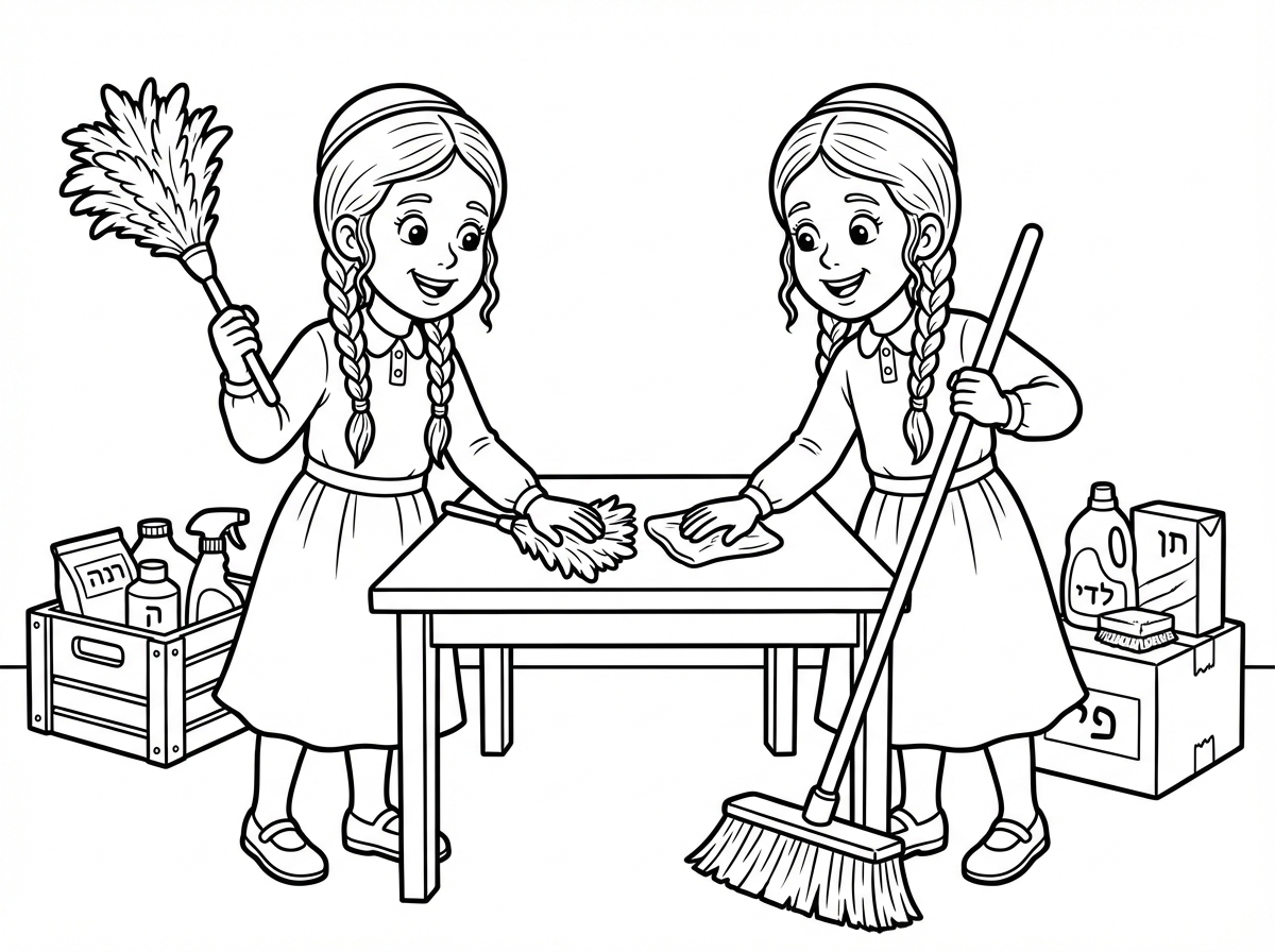 דף צביעה של תאומות בנות חרדיות מנקות לפסח