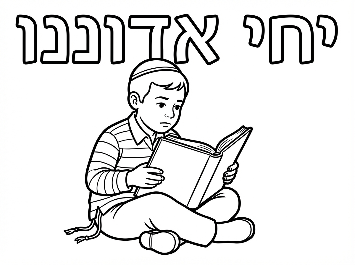 תעשה לי ציור של ילד עם כיפה שכתוב עליו יחי אדוננו יושב קורה ספר עם פרצוף מרוכז עם ציציות וחולצה עם פסים