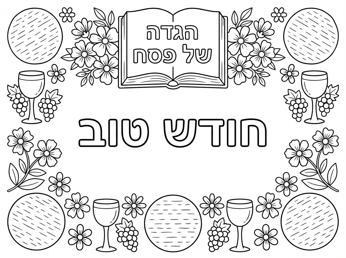 תודה רבה!
ועכשיו דף נוסף עם כיתוב חודש טוב באמצע ומסביב מסגרת  מפרחים, מצות עגולות , כוסות יין והגדה של פסח