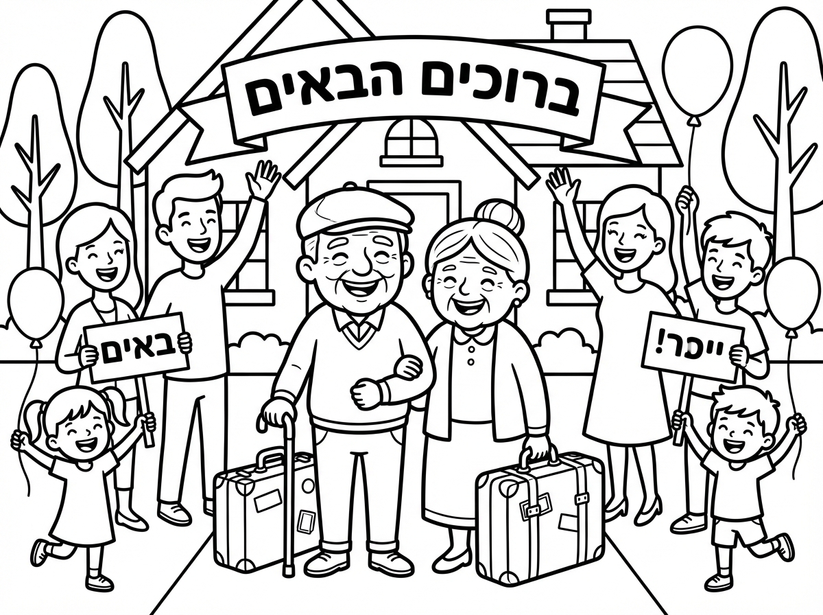 תעשה לי מזה ציור תבליט את הזוג המבוגר שבתמונה שהם יהיו במרכז תוסיף מזוודות וכל שאר המשתתפים בתמונה תעשה אותם מקבלים בברכה את הסבא והסבתא תוסיף הרבה צבע שמחה וששון ושלט של ברוכים הבאים ועוד ועוד