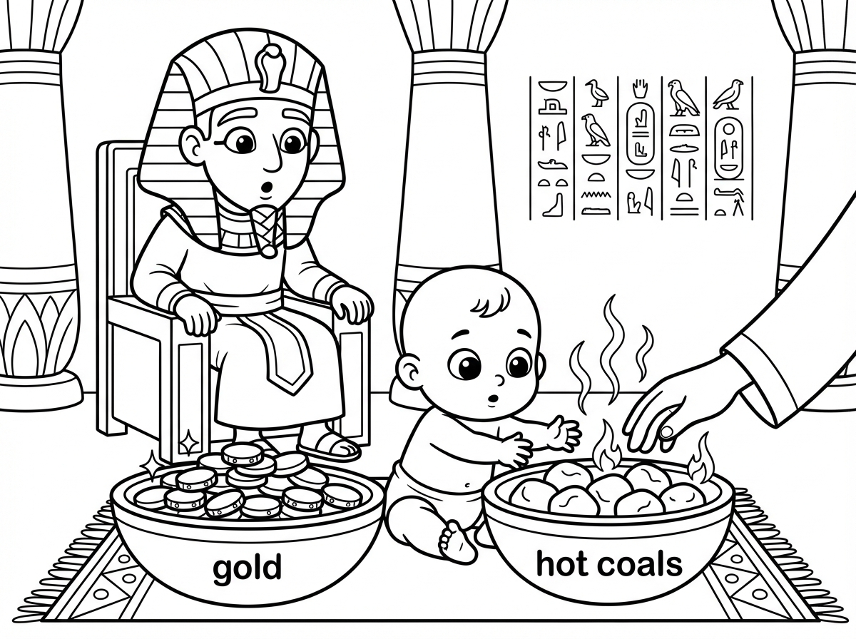 ציור של המבחן שפרעה עשה למשה עם שני הקערות. אחת עם זהב והשנייה גחלים