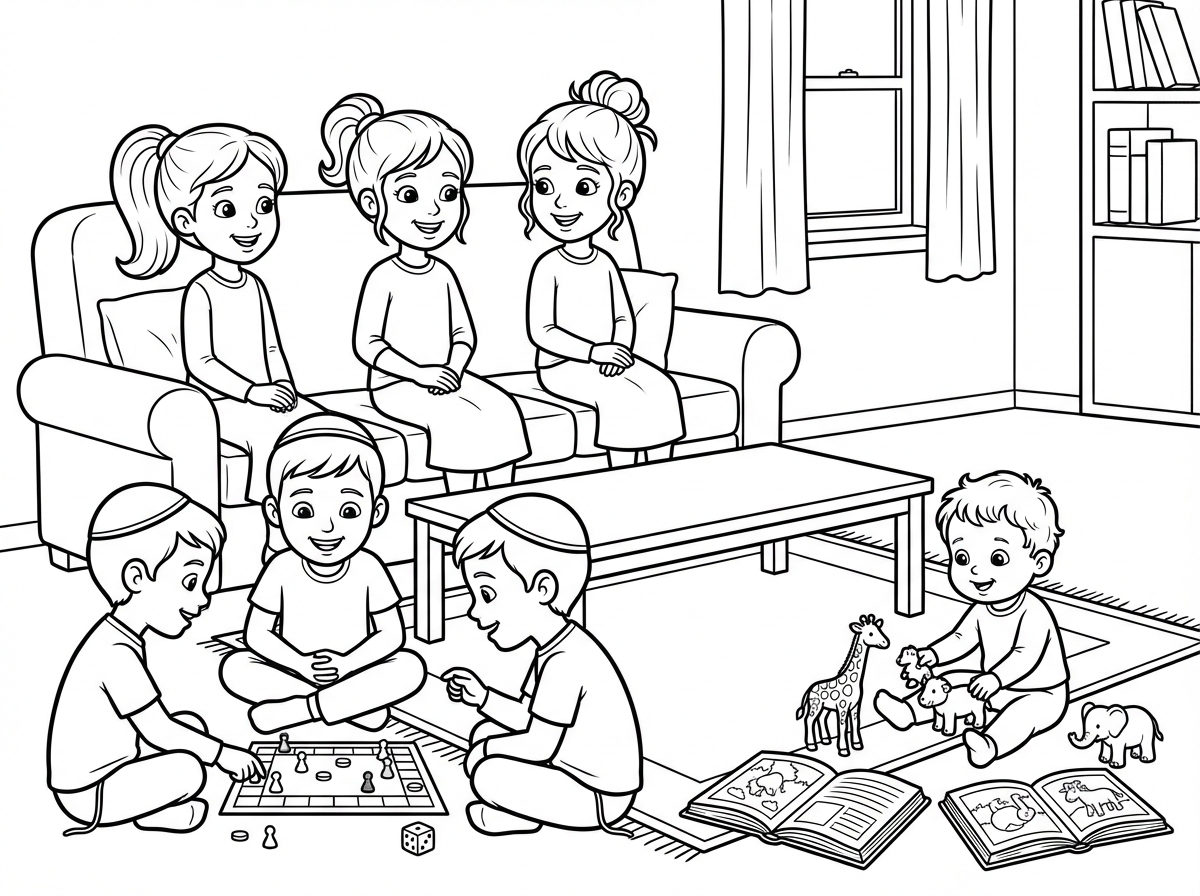 צור לי דף צביעה של שבעה ילדים בסלון הבית: שלוש בנות בגילאי 14, 16, 18 עם שיער אסוף, יושבות על ספה, ושלושה בנים עם כיפות בגילאי 5, 9, 11 משחקים במשחק קופסה ליד השולחן, וילד בן שנה וחצי עם שיער מתולתל קצר יושב על שטיח ליד הספר ומשחק בחיות פלסטיק.