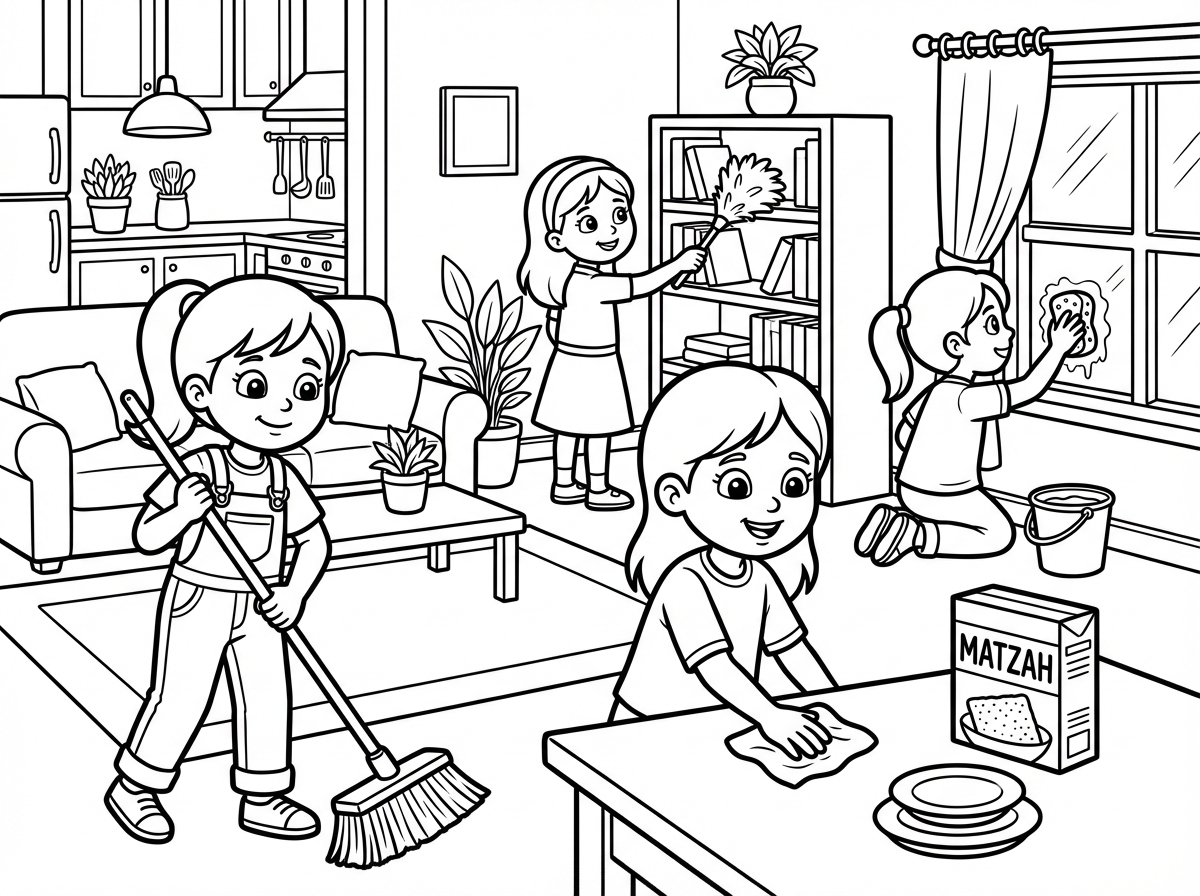 צור לי דף צביעה של 4 ילדות מנקות את הבית לפסח