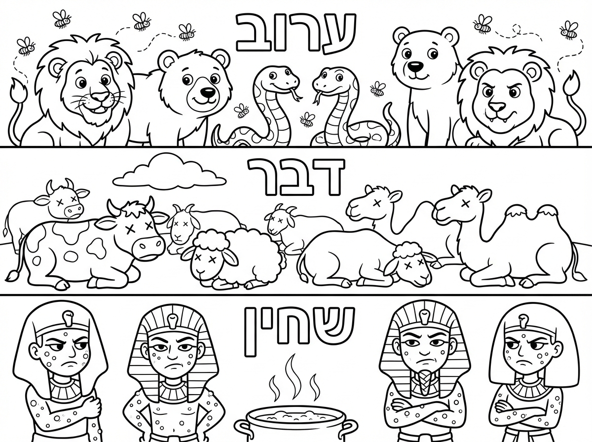 מעולה, עכשיו תכין על אותו סגנון.
את מכות - ערוב, דבר ושחין.
שיהיה כתוב בעברית והאנשים עם השחין שיהיו כועסים או לא מרוצים