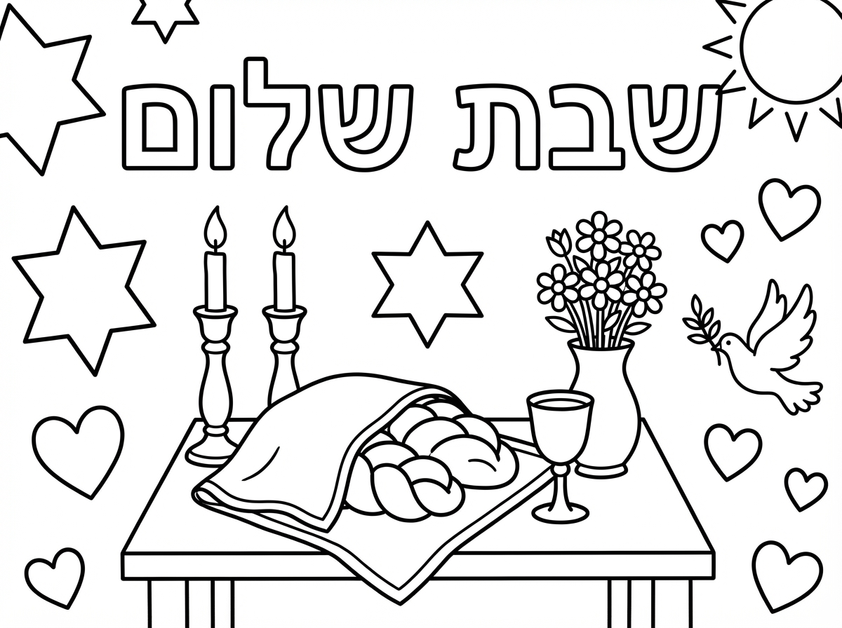 צור דף צביעה  שיהיה כתוב באותיות חלולות:"שבת שלום" עם אלמנטים מתאימים לצביעה.ליחדי גן גיל 5