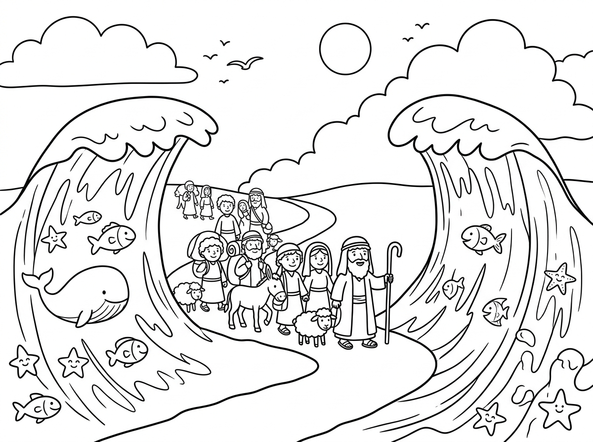 תוכל ליצור לי באותו סיגנון דף צביעה של קריעת ים סוף. ?