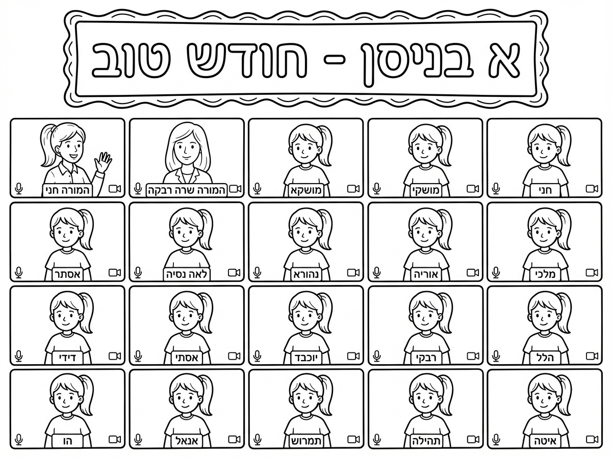 דף צביעה שחור לבן
כולם בחלונות זום
א בניסן-חודש טוב

גננת חני עם פיאת קוקו אסופה מאחור
גננת שרה רבקה עם לאה עד הכתף חלקה
עכשיו כזה עם ילדות בזום 
לגננת חני יש פיאה עם קוקו אסוף וחולצה לבנה
בשאר 
הילדות עם קוקו וחולצה לבנה 
שמות הילדות
מושקא
מושקי
חני
אסתר
לאה נסיה
נהורא
אוריה
מלכי
דידי
אסתי
יוכבד
רבקי 
הלל
אנאל
תמרוש
תהילה
איטה