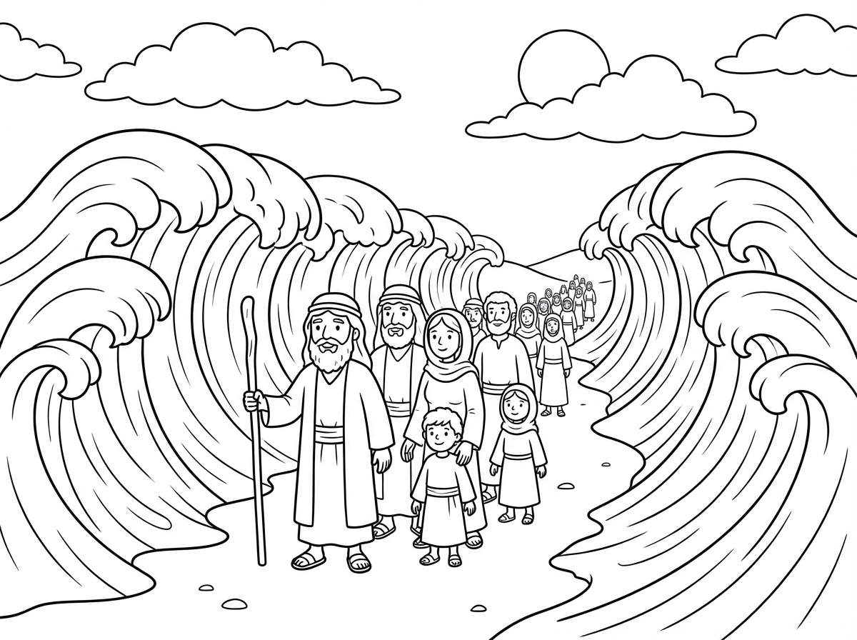 אתה יכול לייצר לי דף צביעה של קריעת ים סוף ויציאת מצריים