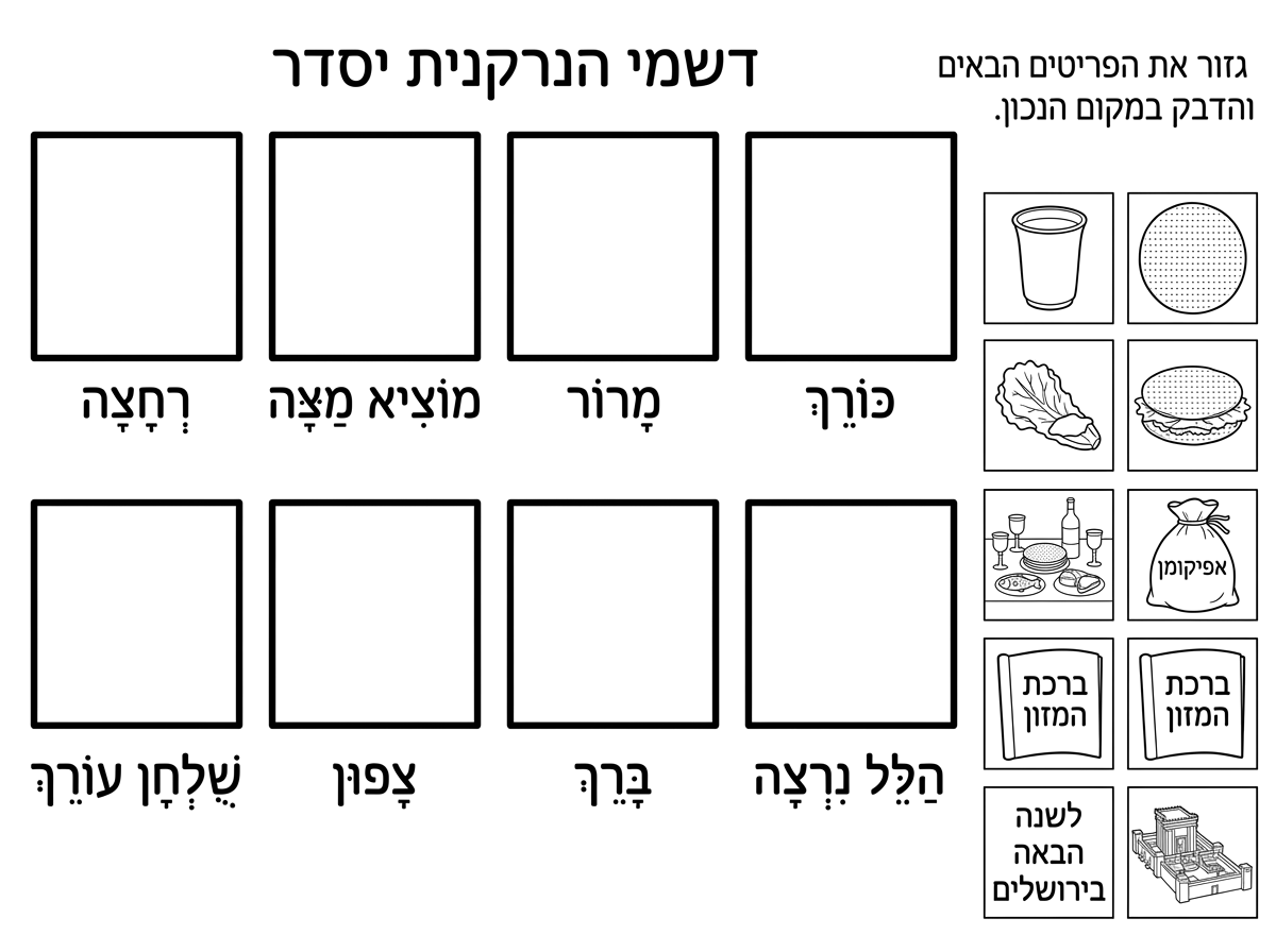 שלום. 
אני רוצה שתכין דף משימה על ליל הסדר.
יהיו 8 ריבועים.
1. רחצה
2. מוציא מצה
3. מרור
4. כורך
5. שלחן עורך
6. צפון
7. ברך
8. הלל נרצה
מתחת לכל ריבוע תכתוב את אחד מהכיתובים לפי הסדר. ותנקד את המילים.

בצד הדף יהיו 8 פריטים לגזירה
וכתוב:
גזור את הפריטים  הבאים והדבק במקום הנכון.
1.  ספל לנטילת ידיים
2.  מצה עגולה
3.  חסה טבולה בחרוסת 
4.  2 חתיכות של מצה עגולה שבתוכם יש חסה 
5. שלחן ליל הסדר ועליו גביעים, יין מצות עגולות דגים ובשר
6. שקית מבד שכתוב עליה אפיקומן
7. הגדה פתוחה וכתוב בה ברכת המזון
8.  הגדה פתוחה וכתוב : לשנה הבאה בירושלים ומצוייר את בית המקדש