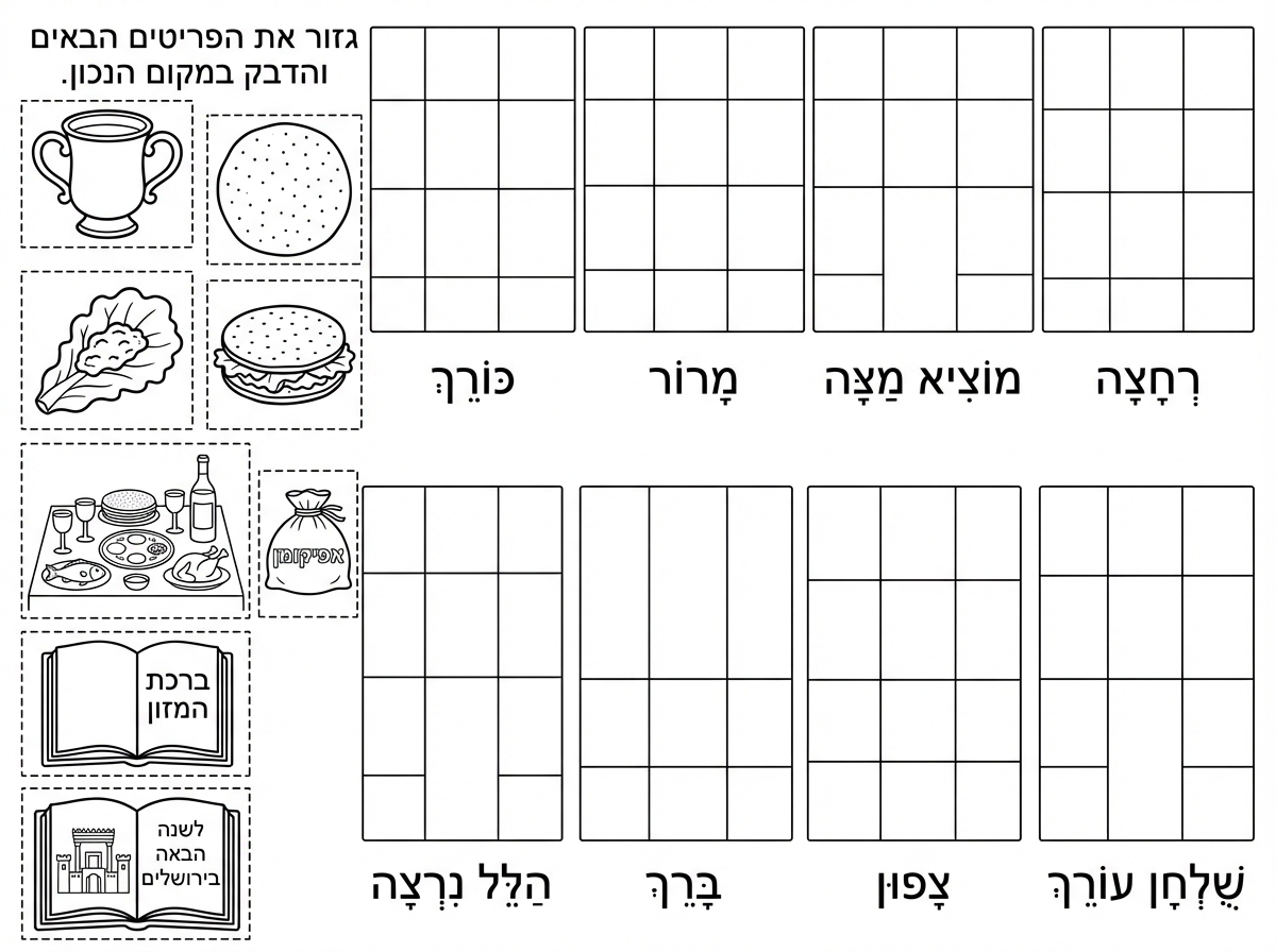 שלום. 
אני רוצה שתכין דף משימה על ליל הסדר.
יהיו 8 ריבועים.
1. רחצה
2. מוציא מצה
3. מרור
4. כורך
5. שלחן עורך
6. צפון
7. ברך
8. הלל נרצה
מתחת לכל ריבוע תכתוב את אחד מהכיתובים לפי הסדר. ותנקד את המילים.

בצד הדף יהיו 8 פריטים לגזירה
וכתוב:
גזור את הפריטים  הבאים והדבק במקום הנכון.
1.  ספל לנטילת ידיים
2.  מצה עגולה
3.  חסה טבולה בחרוסת 
4.  2 חתיכות של מצה עגולה שבתוכם יש חסה 
5. שלחן ליל הסדר ועליו גביעים, יין מצות עגולות דגים ובשר
6. שקית מבד שכתוב עליה אפיקומן
7. הגדה פתוחה וכתוב בה ברכת המזון
8.  הגדה פתוחה וכתוב : לשנה הבאה בירושלים ומצוייר את בית המקדש