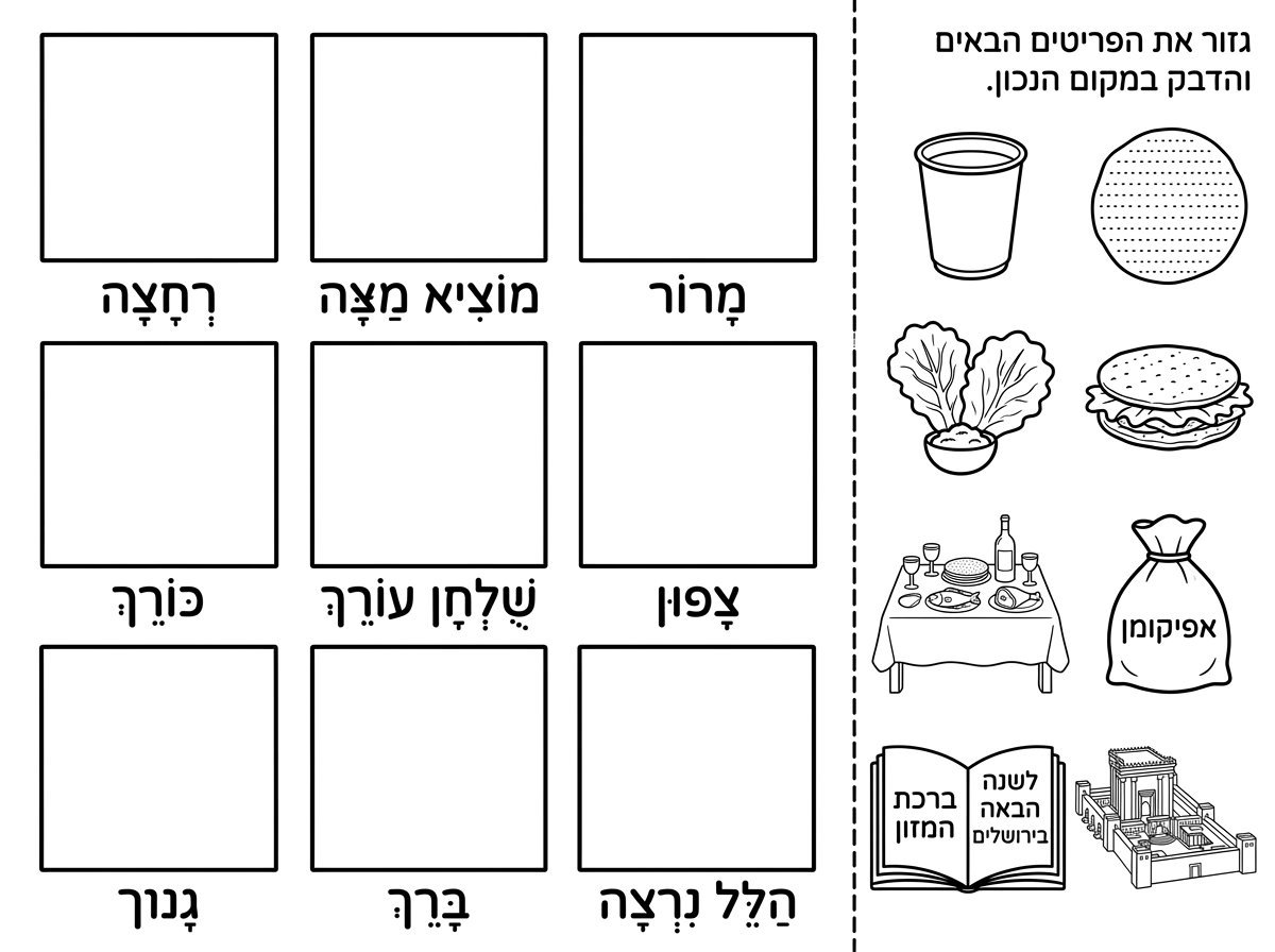 שלום. 
אני רוצה שתכין דף משימה על ליל הסדר.
יהיו 8 ריבועים.
1. רחצה
2. מוציא מצה
3. מרור
4. כורך
5. שלחן עורך
6. צפון
7. ברך
8. הלל נרצה
מתחת לכל ריבוע תכתוב את אחד מהכיתובים לפי הסדר. ותנקד את המילים.

בצד הדף יהיו 8 פריטים לגזירה
וכתוב:
גזור את הפריטים  הבאים והדבק במקום הנכון.
1.  ספל לנטילת ידיים
2.  מצה עגולה
3.  חסה טבולה בחרוסת 
4.  2 חתיכות של מצה עגולה *- חתיכות לא מצה שלימה* שבתוכם יש חסה 
5. שלחן ליל הסדר ועליו גביעים, יין מצות עגולות דגים ובשר
6. שקית מבד שכתוב עליה אפיקומן
7. הגדה פתוחה וכתוב בה ברכת המזון
8.  הגדה פתוחה וכתוב : לשנה הבאה בירושלים ומצוייר את בית המקדש
*מעל כל כיתוב יהיה ריבוע אחד ולא 8 ריבועים.*