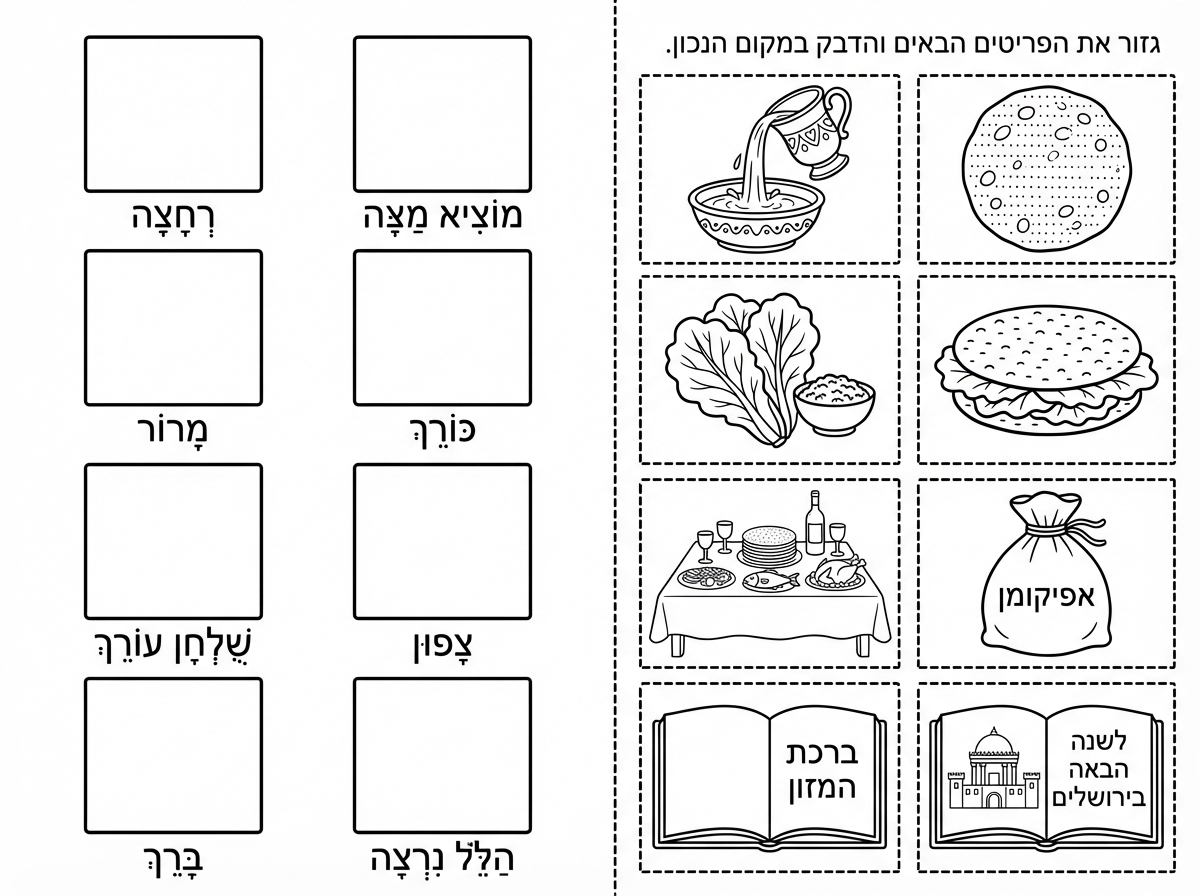 שלום. 
אני רוצה שתכין דף משימה על ליל הסדר.
יהיו 8 ריבועים.
1. רחצה
2. מוציא מצה
3. מרור
4. כורך
5. שלחן עורך
6. צפון
7. ברך
8. הלל נרצה
מתחת לכל ריבוע תכתוב את אחד מהכיתובים לפי הסדר. ותנקד את המילים.

בצד הדף יהיו 8 פריטים לגזירה
וכתוב:
גזור את הפריטים  הבאים והדבק במקום הנכון.
1.  ספל לנטילת ידיים
2.  מצה עגולה
3.  חסה טבולה בחרוסת 
4.  2 חתיכות של מצה עגולה *- חתיכות לא מצה שלימה* שבתוכם יש חסה 
5. שלחן ליל הסדר ועליו גביעים, יין מצות עגולות דגים ובשר
6. שקית מבד שכתוב עליה אפיקומן
7. הגדה פתוחה וכתוב בה ברכת המזון
8.  הגדה פתוחה וכתוב : לשנה הבאה בירושלים ומצוייר את בית המקדש
*מעל כל כיתוב יהיה ריבוע אחד ולא 8 ריבועים.*