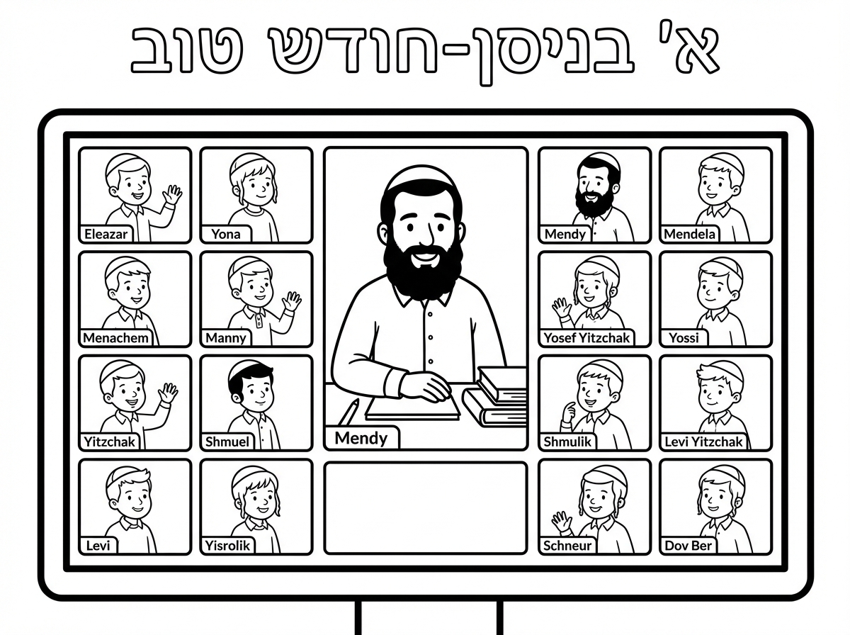 דף צביעה דחור לבן

כותרת א' בניסן-חודש טוב

המורה מענדי חבדניק,עם זקן בזום
שאר החלונות ילדים חבדניקים עם כיפות
כולם עם חולצות לבנות
שמות הילדים
ילדים בשמות
אלעזר
יונה
מענדי
מענדלה
מנחם
מני
יוסף יצחק
יוסי
יצחק
שמואל
שמוליק
לוי יצחק 
לוי
ישרוליק
שניאור
דב בער