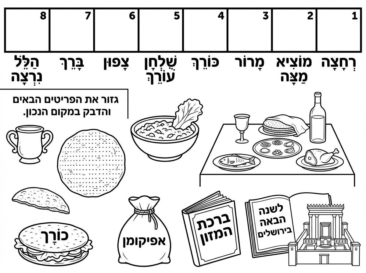 1. בתמונה של בית המקדש תוריד את הכיפה.
2. בתמונה של המצה עם החסה- שיהיה חצי מצה ובתוכה חסה ומעליה חצי מצה
3. את הכיתוב להתחיל מצד ימין
1.רחצה
2.מוציא מצה
3.מרור
4.כורך
5.שלחן עורך.
6.צפון
7.ברך
8.הלל נרצה