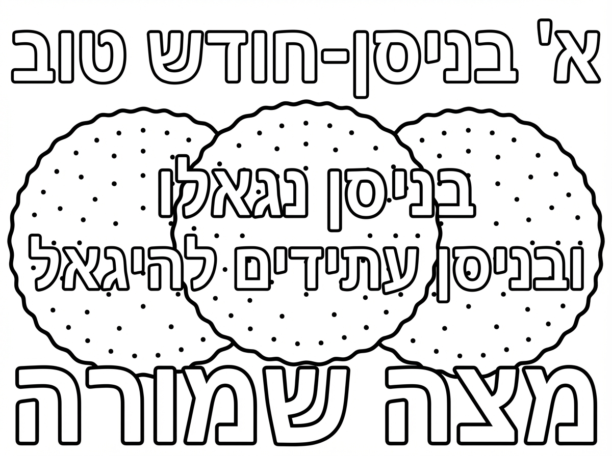 דף צביעה שחור לבן
אותיות חלולות כתוב
למעלה
א' בניסן-חודש טוב

באמצע כתוב

בניסן נגאלו ובניסן עתידים להיגאל

ברקע ציורים 

של 3 מצות עגולות 
וכתוב מצה שמורה