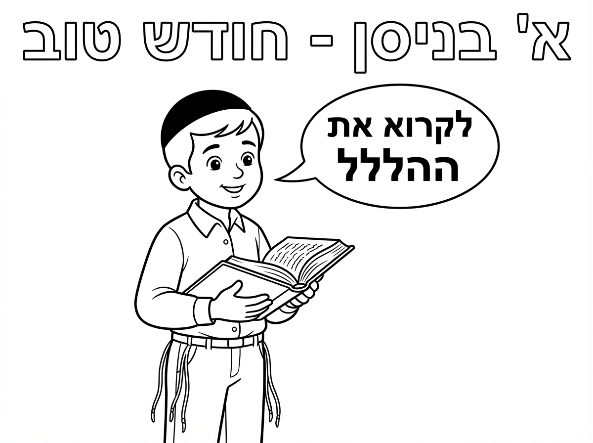 דף צביעה שחור לבן
אותיות חלולות כתוב למעלה
א' בניסן - חודש טוב

ילד חבדניק  קטן עם כיפה
חולצה לבנה
מכנסיים ארוכות עם חוטי ציצית
מחזיק סידור ביד
ואומר : "לקרוא את ההלל"
