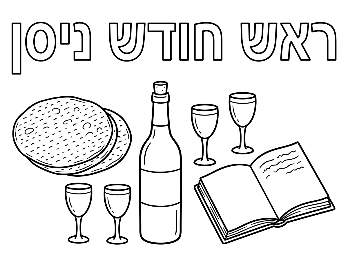 שלום.
אני רוצה שתכין לי דף שיהיה כתוב עליו ראש חודש ניסן באותיות חלולות
ויהיה מצוייר עליו:
3 מצות עגולות 
יין.
4 גביעים 
הגדה של פסח