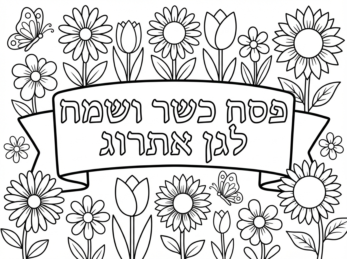 כיתוב פסח כשר ושמח לגן אתרוג עם פרחים מסביב