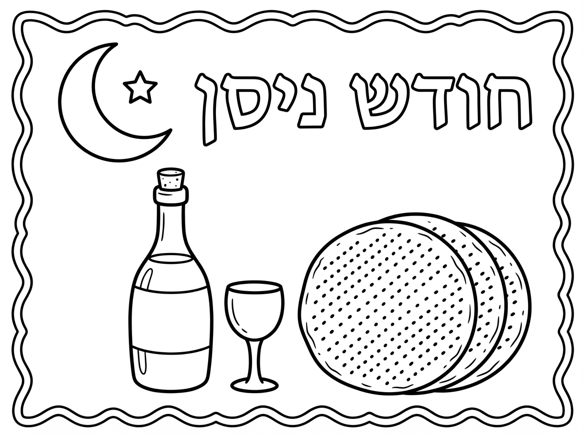 תוכל ליצור לי סמל ראש חודש ניסן שמופיע יין ו3 מצות עגולות וכתוב חודש ניסן