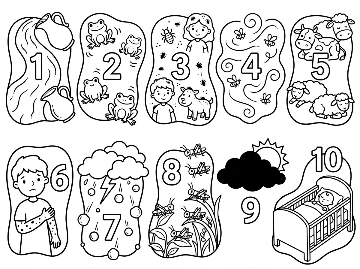 דף צביעה של 10 מכות מצרים עם מספר על כל מכה