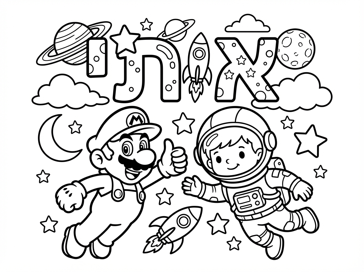 דף צביעה של סופר מריו ושל אסטרונאוט בשילוב עם השם איתי בצורה יפה ויצירתית