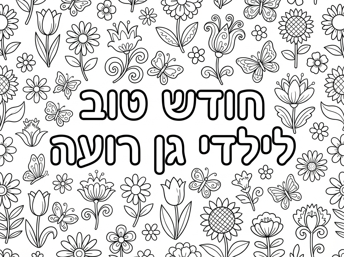 תכין לי דף יצירה עם כיתוב במרכז "חודש טוב לילדי גן רועה"
מסביב רקע של פרחים ופרפרים.